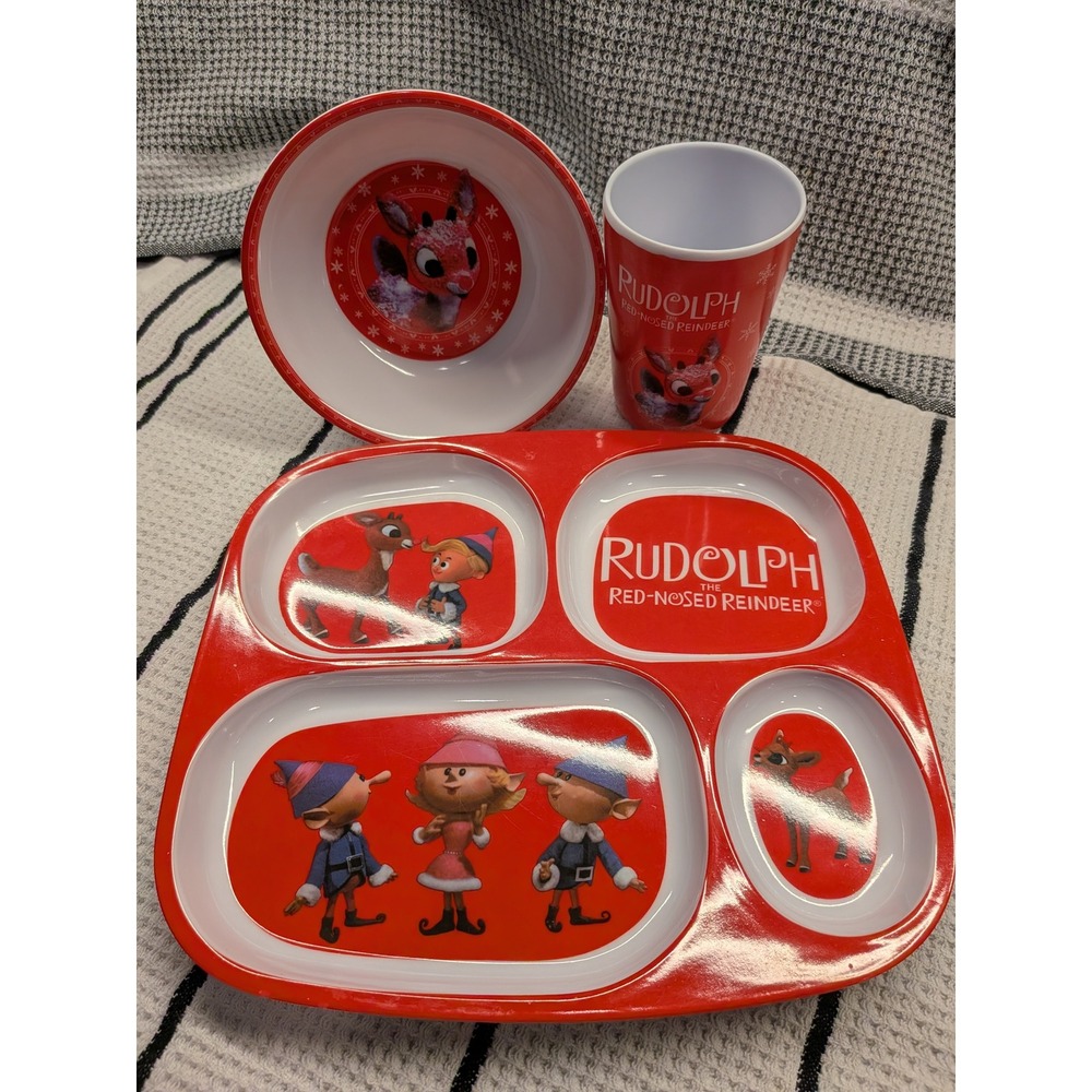 Rudolph the Red-Nosed Reindeer Melamine 3pc Set Plate Bowl Cup Christmas Kids